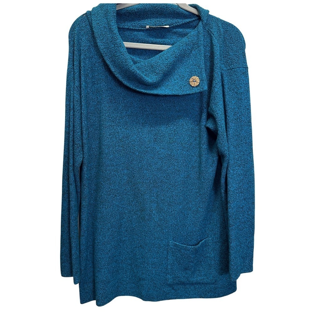 Margaret Winters Teal Black Textured Cowl Neck Pocket Tunic Top Size S